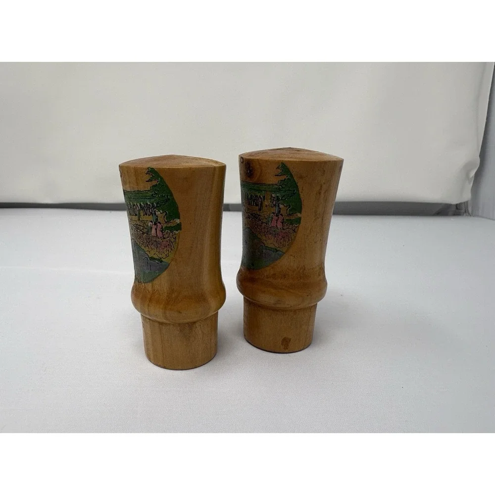 Vintage Mid Century Wooden Salt & Pepper Shakers Landscape Tourist Souvenir‎